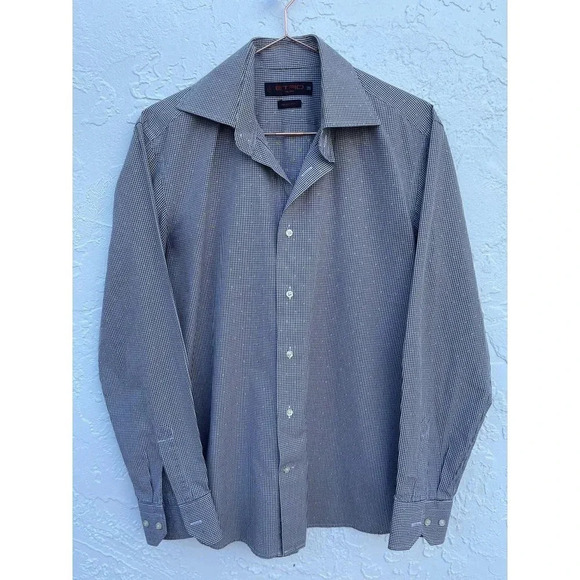 ETRO Milano Mens Long Sleeve Button Down Embroidered Slim Fit Plaid Shirts Sz 39 - Picture 1 of 8